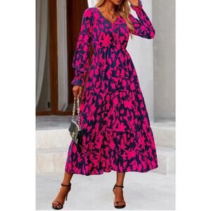 0849 NWT Large Maxi Dress Casual Long Sleeve V Neck Floral